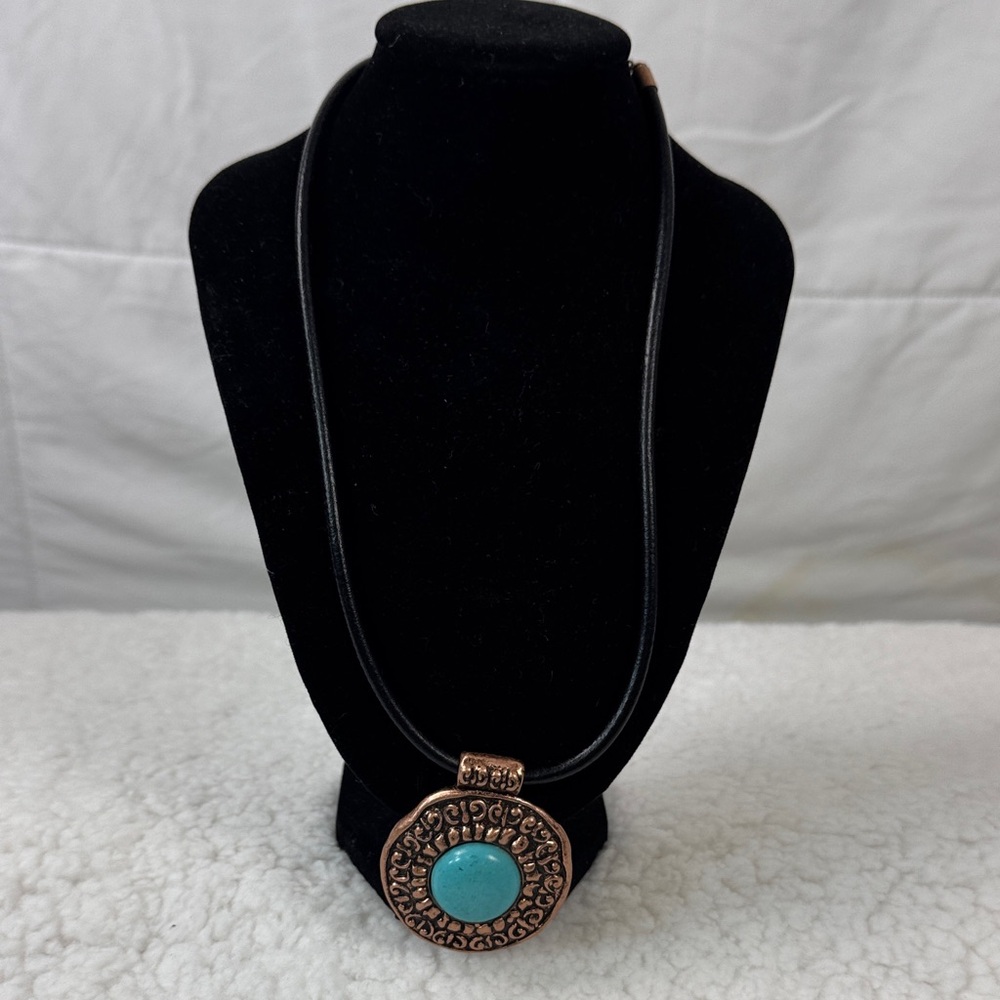 Boho Turquoise Pendant Necklace Black Cord Copper Tone‎ Statement